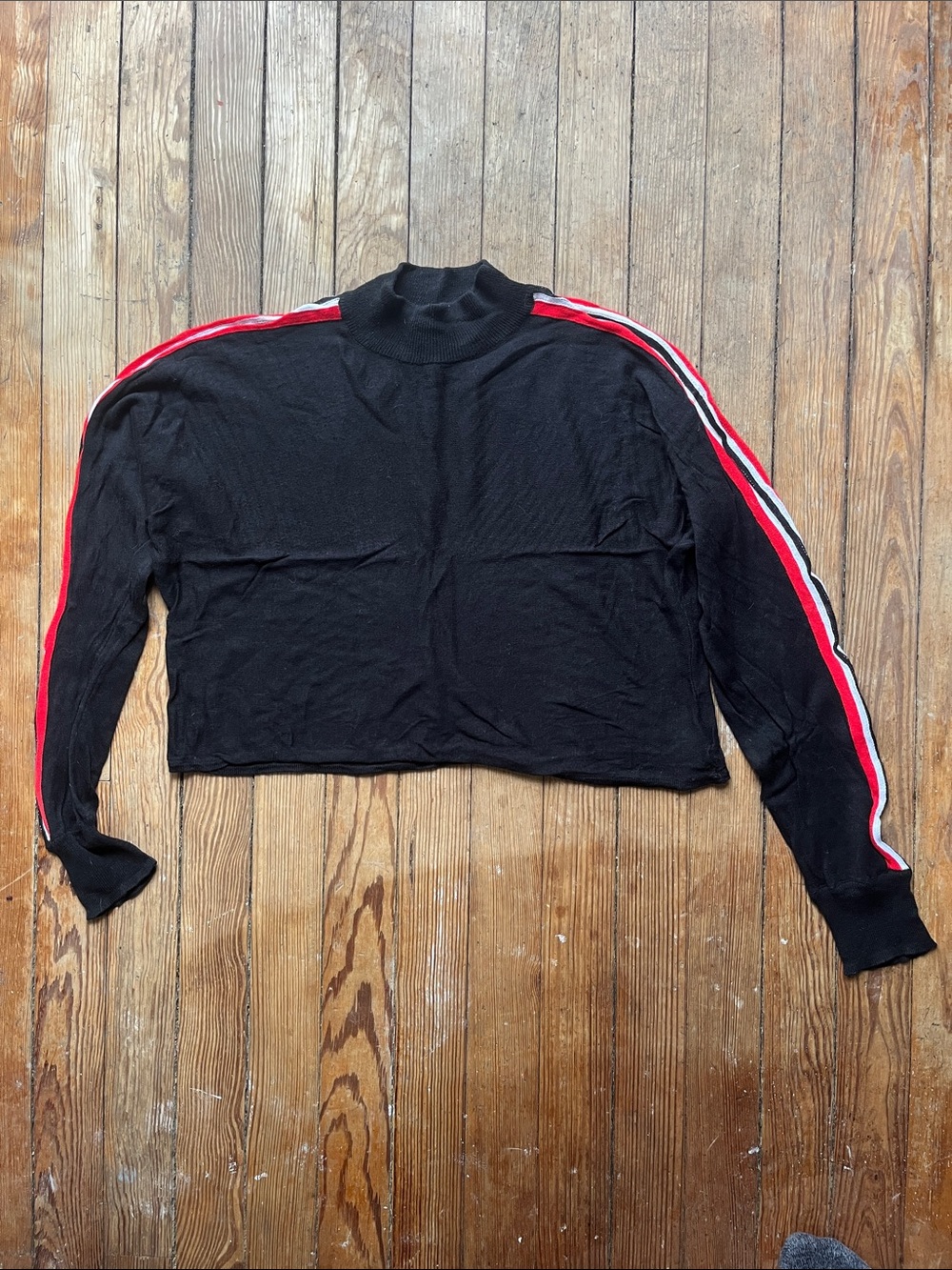 Express Black Cropped Long-Sleeve Top with Red and White Stripes